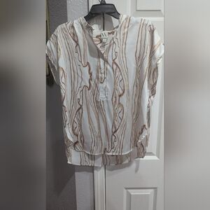 Worthington Marble-Print Button Front Blouse - White & Brown